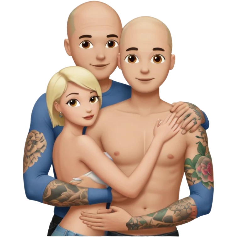 throuple tattooed sleeves bbald male with topless naked big boobed brunette and topless naked big boobed blonde girlfriends  lovingl  and sexy polygamy  emoji