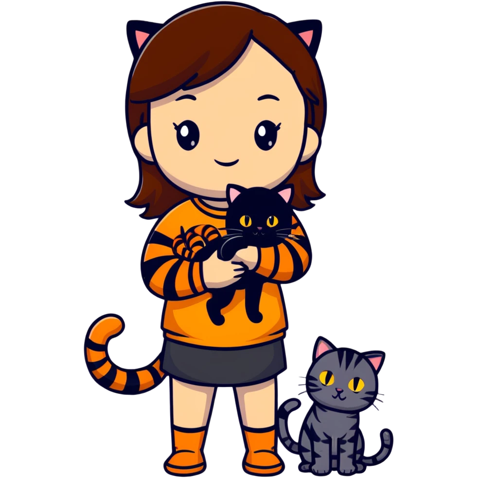 tan brown-haired girl holding two cats, one black cat and one orange tiger-striped cat emoji