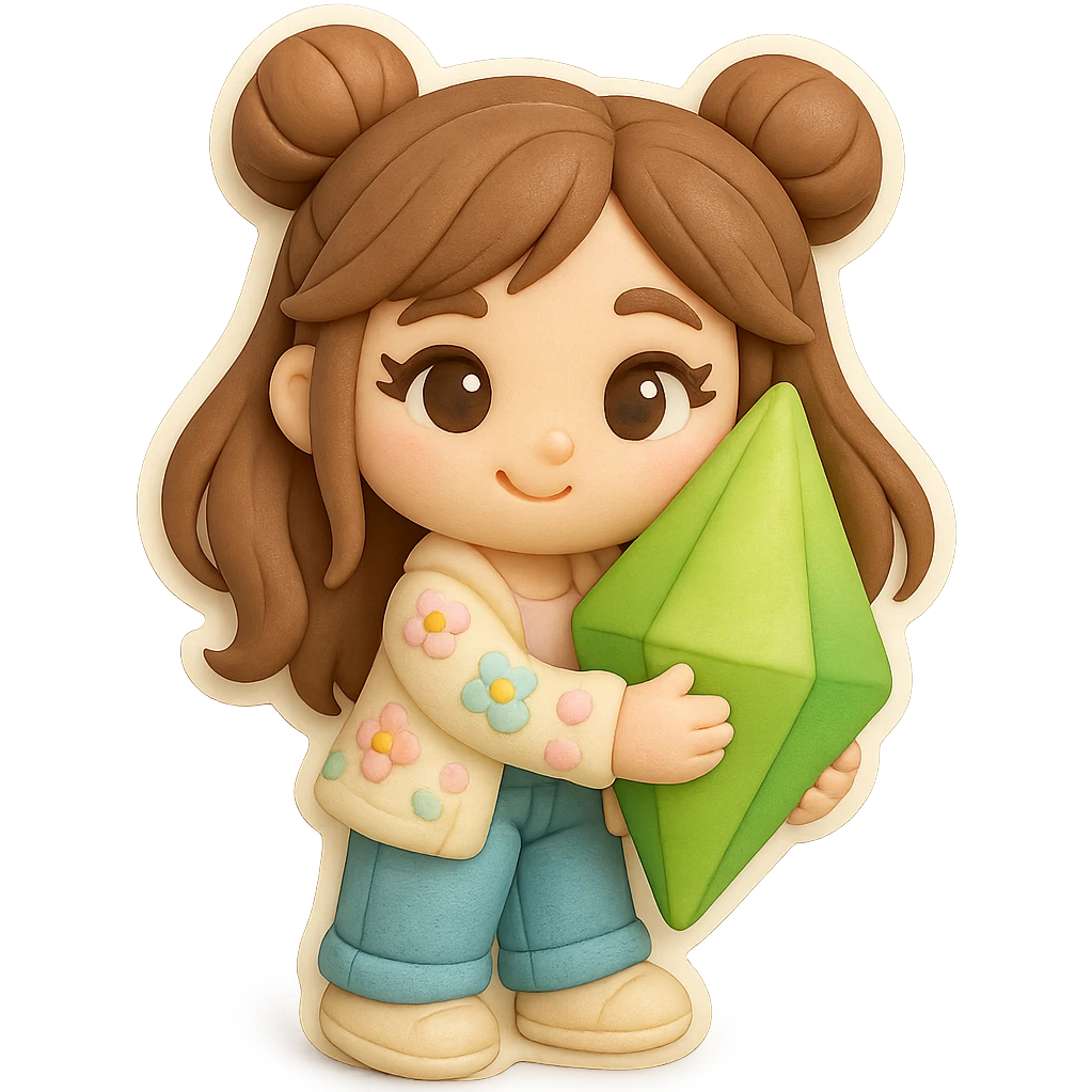 3D chibi fondant cake art style, high-quality rendering with smooth shadows and soft gradients. Girl with long brown hair in two space buns, brown eyes, jeans, pastel floral cardigan, thick white outline like a sticker, transparent background. Flirty, holding and hugging a Plumbob, preserve facial features from reference image. emoji