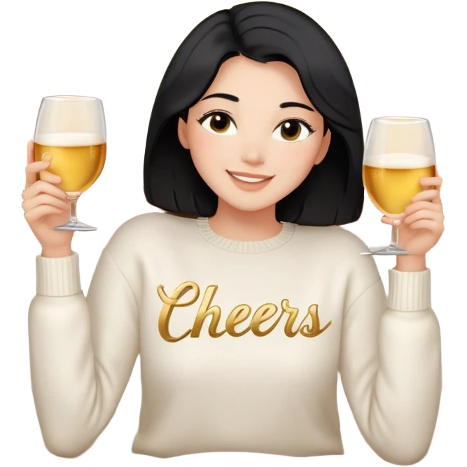 A woman with shoulder-length black hair, light to medium skin tone, full cheeks, and almond-shaped eyes, wearing a white sweater with the word 'cheers' in gold script, lying comfortably on a bed with soft lighting, joyful and radiant expression, no drinks. emoji