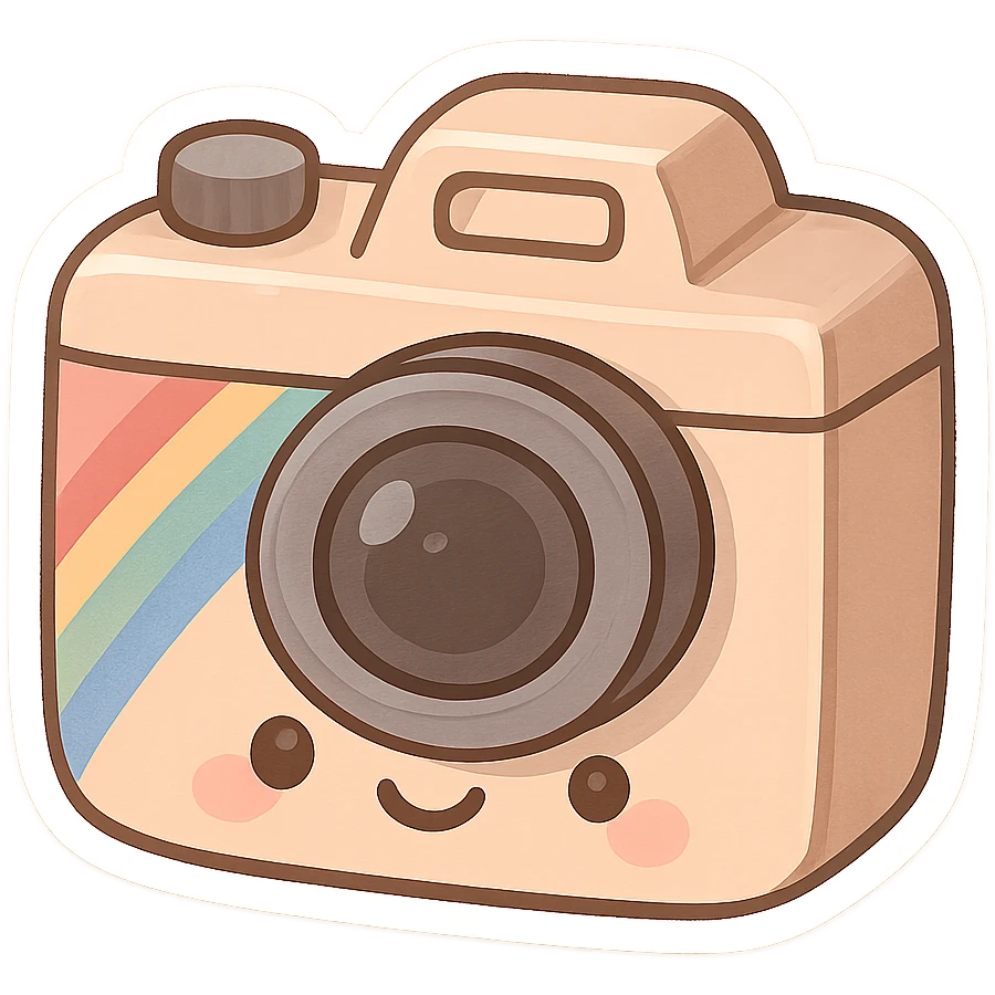 chibi sticker-style camera with a rainbow accent, cute and exaggerated emoji