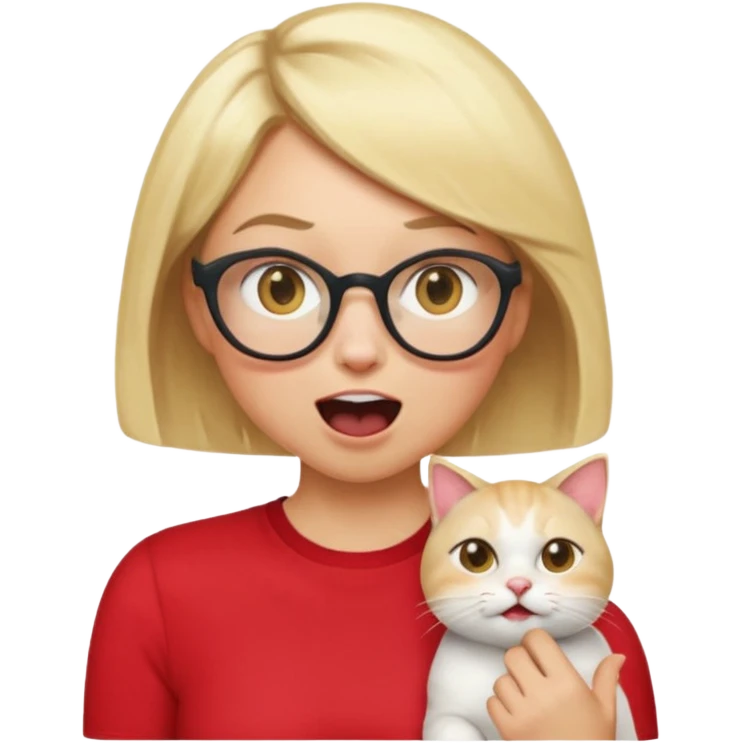 emoji style, waist-up woman with light skin, blonde bob hair, white cat-eye glasses, red shirt, hand cupped tightly around her mouth, hand very close to face as she shouts forward, excited expression, simple background emoji