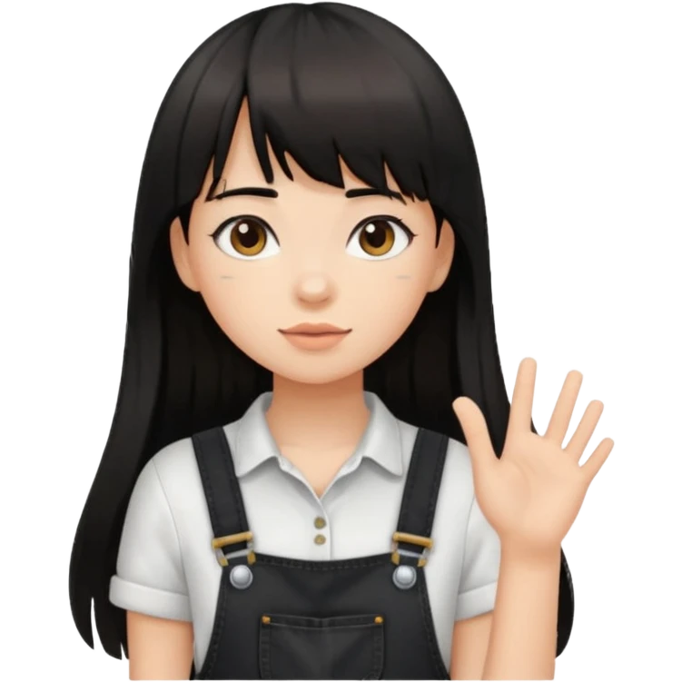 Make it a girl wil long hair like this and look like this  she has brown ish black hair and if has bangs with black overalls and a white shirt emoji