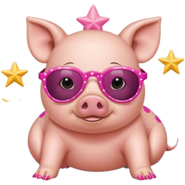 cute pig wearing  star-shaped sunglasses and polka dot bathing suit on all fours with nail polish emoji