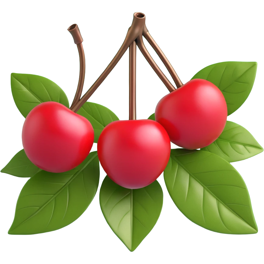 3d emoji of a cherry with two cherries and a leaf, shiny red cherries with bronze stems and light green leaves, realistic texture and lighting emoji