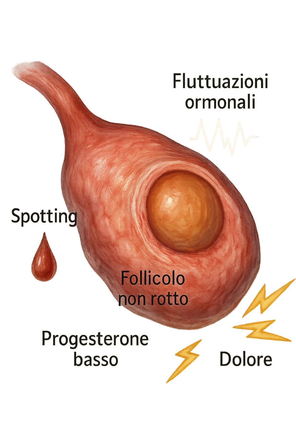 realistic and cinematic illustration of an ovary with an unruptured follicle, low progesterone, hormonal fluctuations, symptoms of spotting, pain and swelling, clinical details, captions in Italian emoji