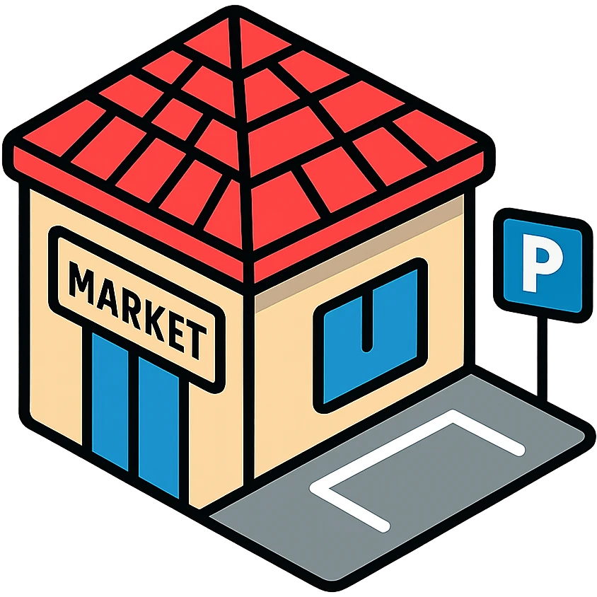 isometric supermarket with red tiled roof, main entrance, and parking area emoji