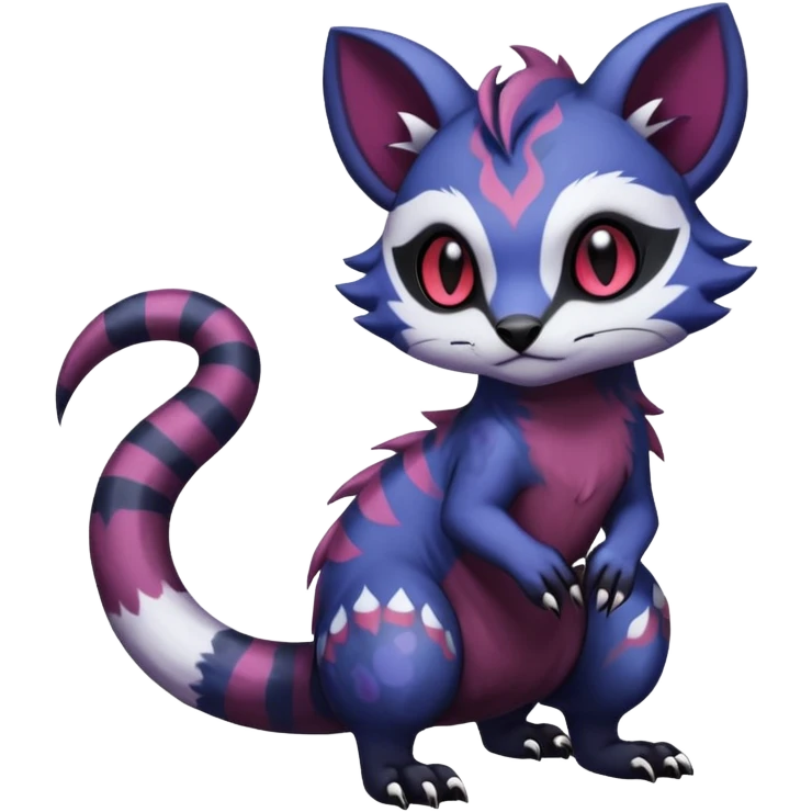 Rare warm-colored exotic gloomy tropical edgy cute epic aesthetic spooky indigo purple white black red gothic colorful Salandit-Furret-Espurr-Meowstic-Civet-species-Fakemon-hybrid-creature, with tribal tattoo markings, full body emoji