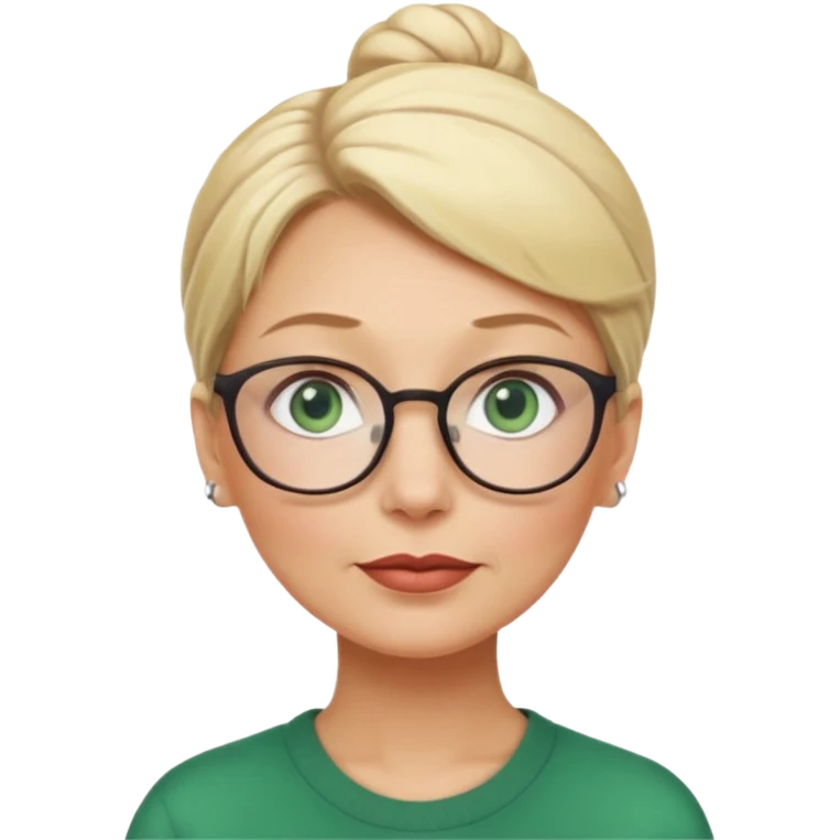 older teacher with blonde bun green eyes looking up and left and glasses full lips emoji