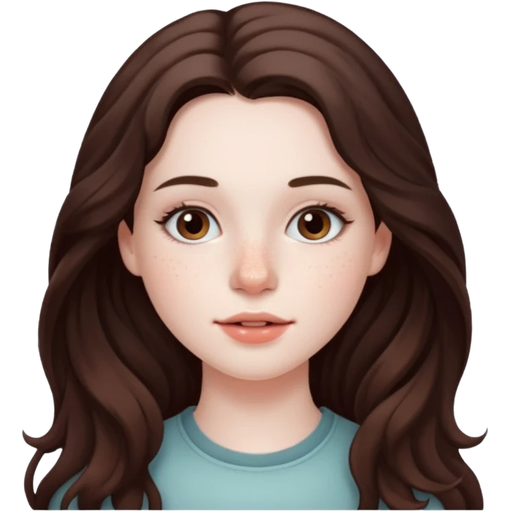 20 year old woman with pale skin, lots of dark freckles, rosy cheeks, and long straight/wavy brunnette hair. emoji
