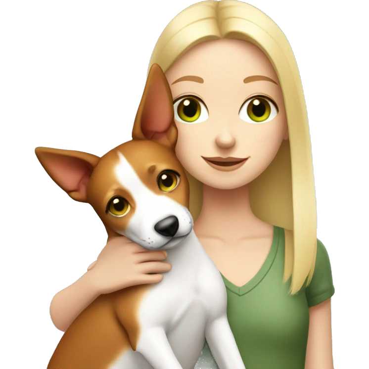 a white green eyed blonde girl hugging a red and white basenji dog emoji