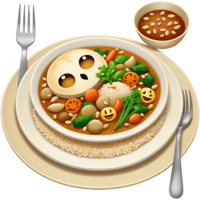  dirty plate after eating, leftover food scraps, vegetable pieces, rice grains, sauce stains on the plate, fork and spoon placed beside the platerealistic food leftovers, clean and simple background, soft lighting, high quality, emoji style emoji