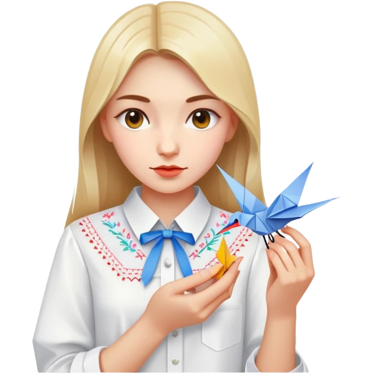 Ukrainian young girl in a white embroidered shirt holds an origami crane emoji