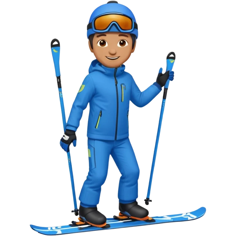 bearded man skiing, blue outfit, smiling. full body view emoji