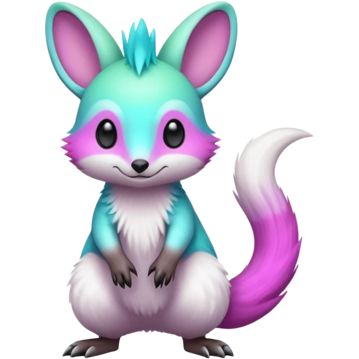 Iridescent Neon Green-Cyan-Magenta-gradients Minccino-Emolga-Numbat-Sergal-fusion-hybrid-animal-creature, full body emoji