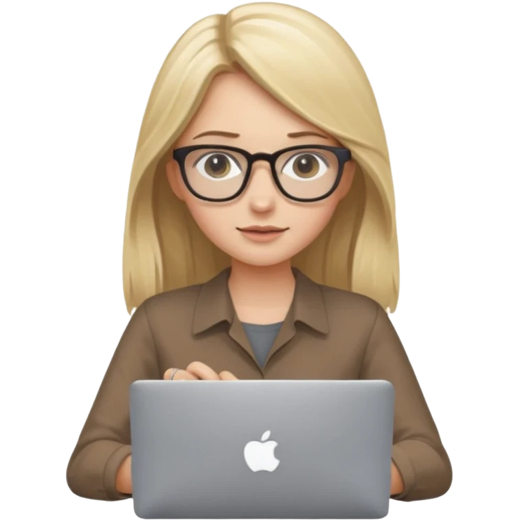 Girl in glasses, blonde long hair, sitting with MacBook , brown blouse, typing on gray MacBook emoji