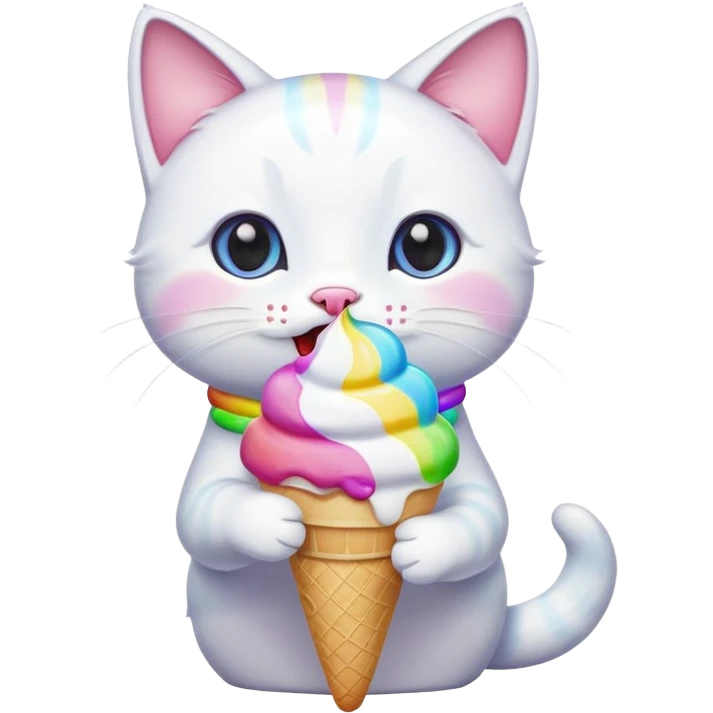 A cute white cat licking a colorful. Ice cream  emoji