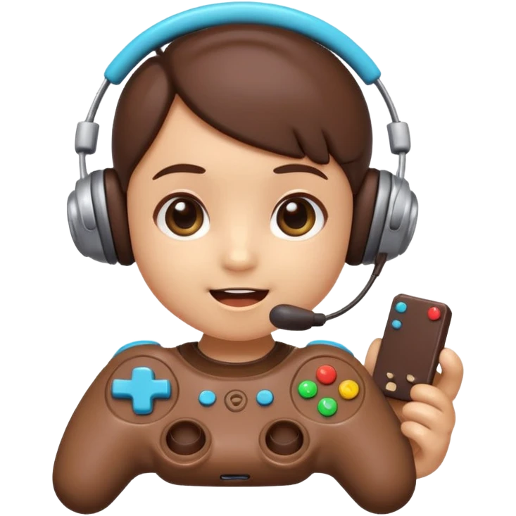 Cartoon chocolate mini pastry wearing tiny headset, holding tiny controller, focused excited eyes, chibi style, Twitch emoji style, transparent background, colorful
 emoji
