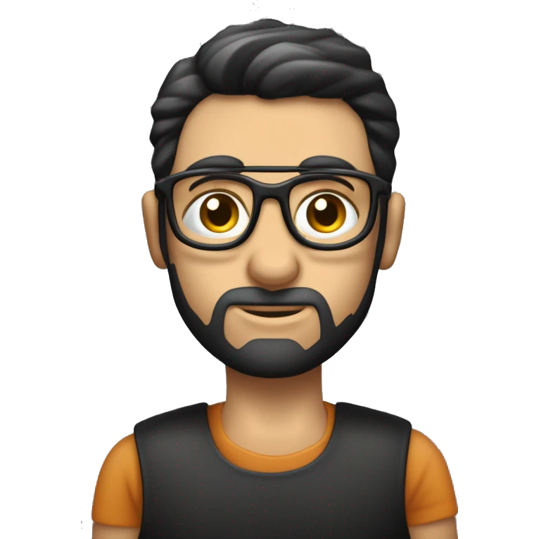 persona de complexión robusta, blanca, feo, gesticulando, con cabello corto y oscuro. Lleva gafas grandes de montura oscura y una camiseta de tirantes con rayas verticales blancas y negras. Esta gesticulando y explicando emoji