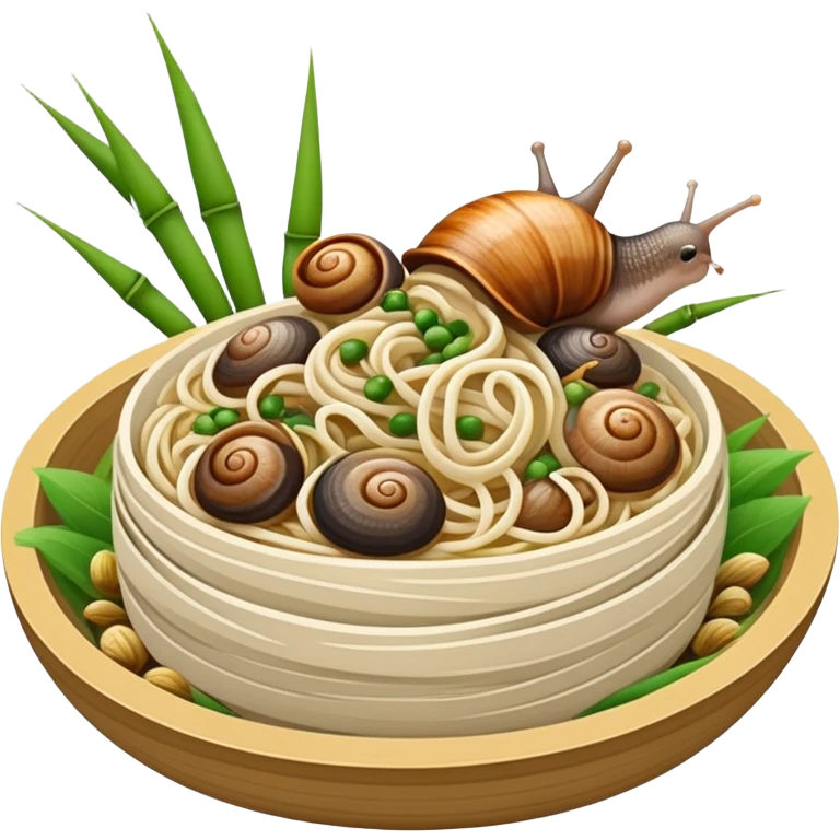 Liuzhou Snail Rice Noodles with river snails and sour bamboo, simplified emoji style with bold outlines and bright colors, cartoon style Guangxi Luosifen emoji
