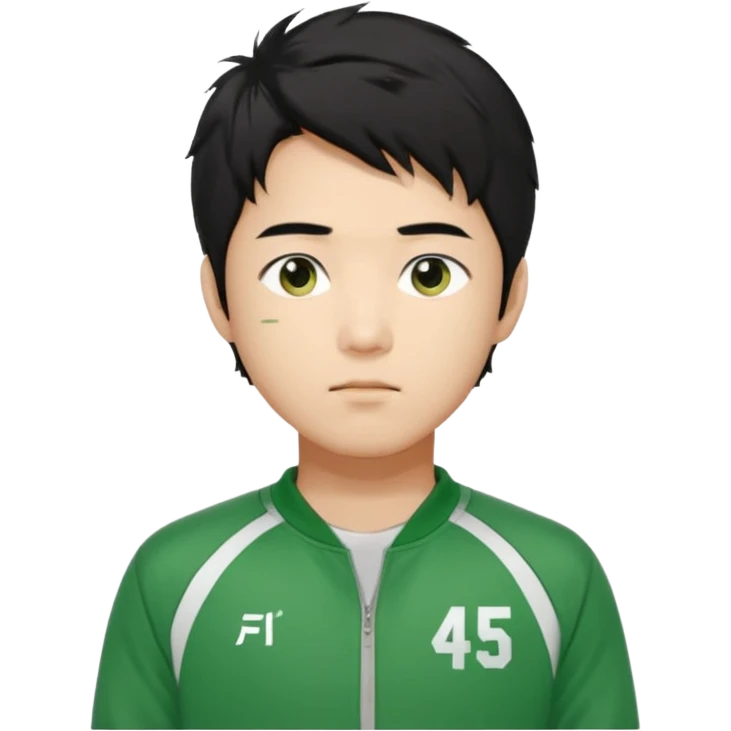 Draw Seong Gi-hun (Player 456), Korean male, messy black hair, green tracksuit with white number 456 printed on chest. emoji