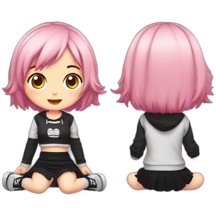 Full body Front view curvy emo girl pink hair sits on the floor straight view hands up black skirt белые трусики полосатые рваные чулки emoji