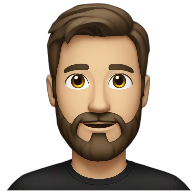 White man with a sun kissed tan, blue eyes and dark brown hair, styled sideways backwards. He has a beard and mustache trimmed. Wears s black t-shirt. emoji