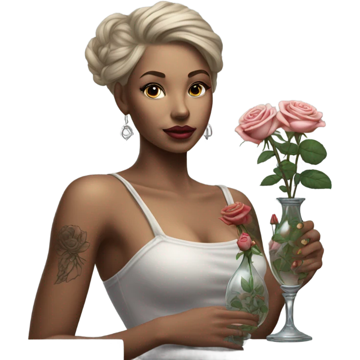 Hyper Realistic beautiful woman model with a small rose tattoo arranging flowers in a vase emoji