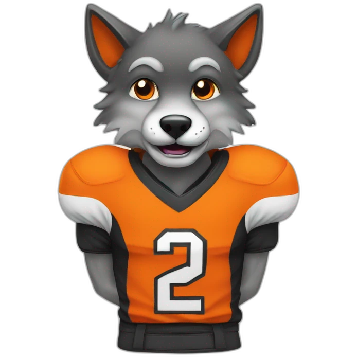 Mascotte de loup footballeur en orange et noir emoji