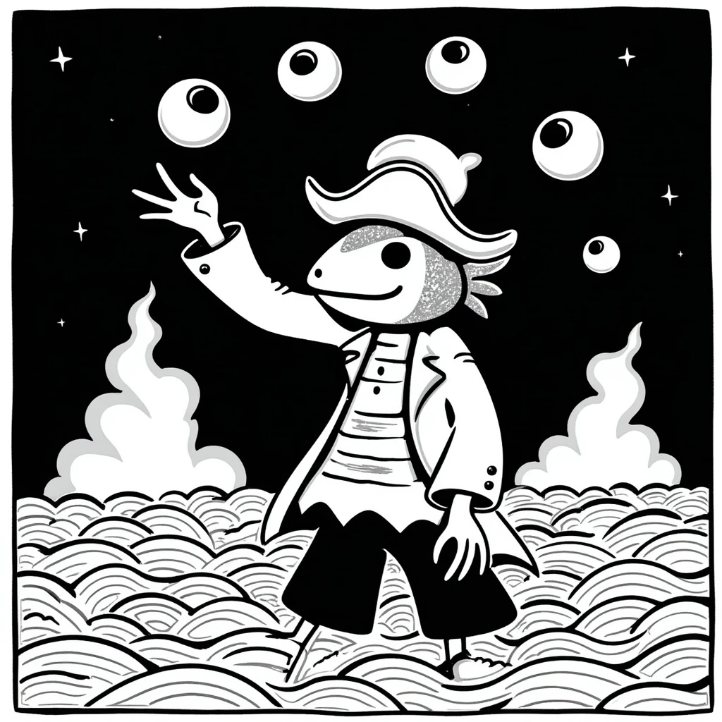 bizarre pirate with a fish head and crab claws, juggling floating eyeballs on a stormy sea, psychedelic hand-drawn style, no text emoji