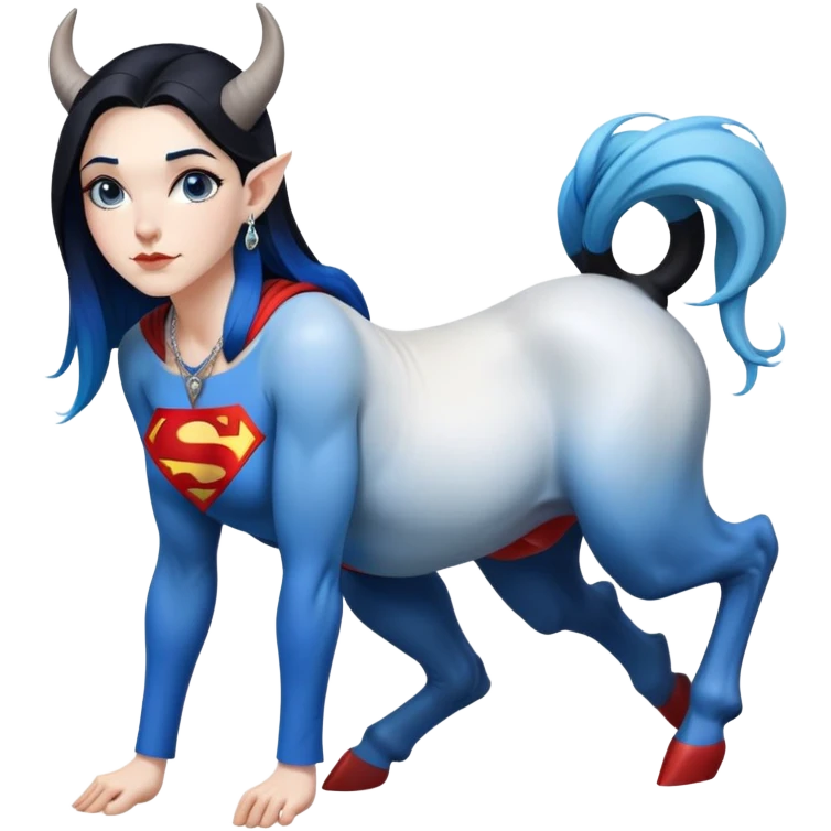 Art of a human white woman's very perfect body scheme anatomy-very long straight black to blue hair ombre-small goat horns-lean back-on knees-superman necklace emoji