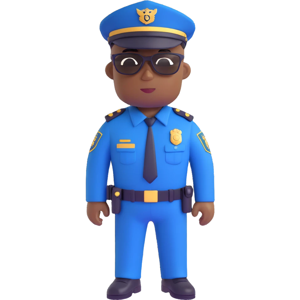 black male police officer, navy blue uniform, brown sunglasses, no hat, plain background emoji