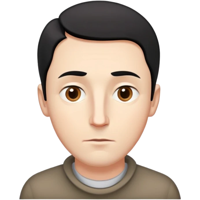 Hombre blanco, cabello chino corto, nariz ligeramente curva, lunar en mejilla derecha, cicatriz en la frente, cabeza ligeramente grande, frente ligeramente grande, ojos almendrados, cara hexagonal alargada,  emoji