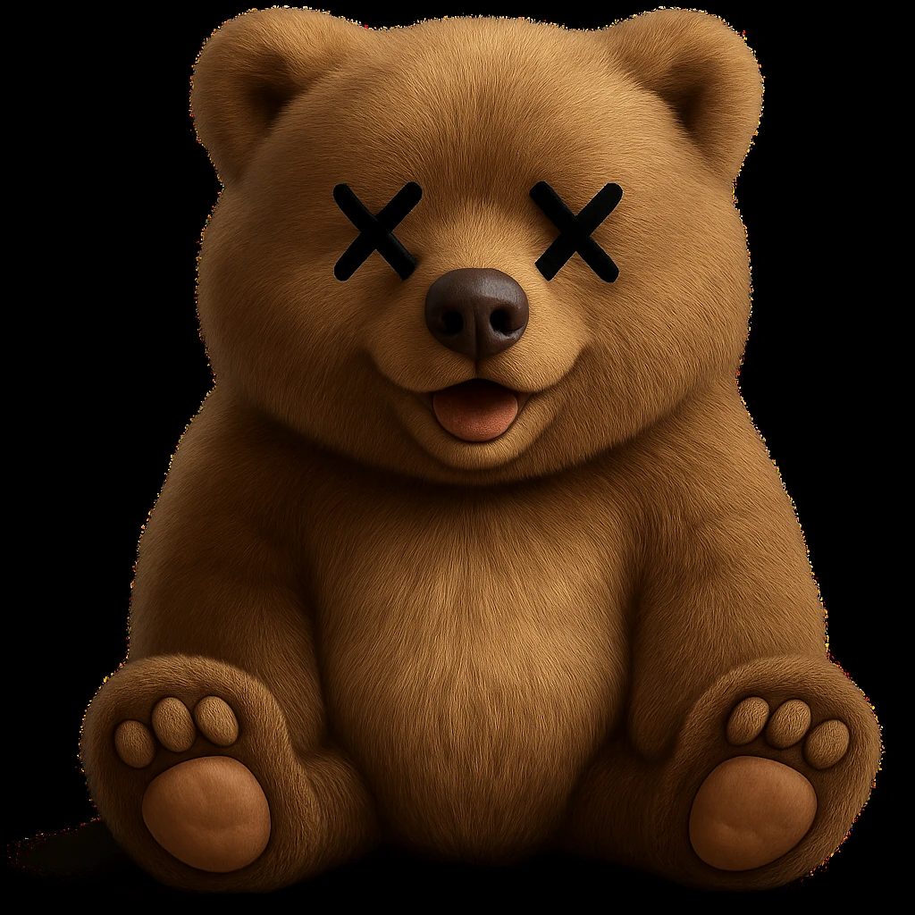 Overlay cartoon X's on the eyes of the bear, keep everything else 100% identical—pose, style, lighting, and background. Maintain the original style and look exactly as in the reference image. emoji