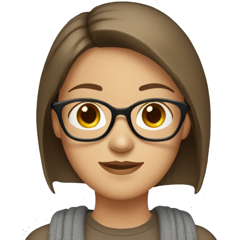 a girl with short and straight brown hair and white skin wearing glasses and wearing a brown t-shirt covered with a gray cardigan emoji
