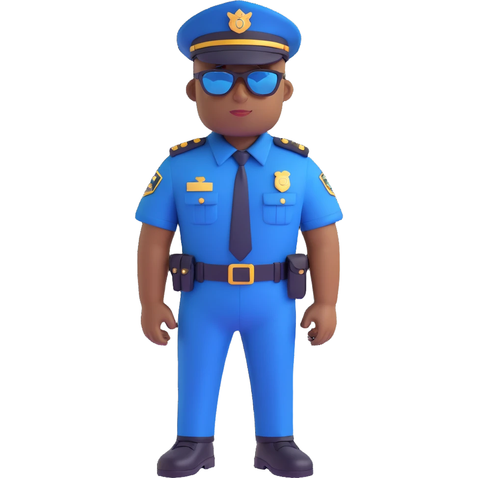 black policeman with navy blue uniform, wearing brown sunglasses, no hat, clean background emoji
