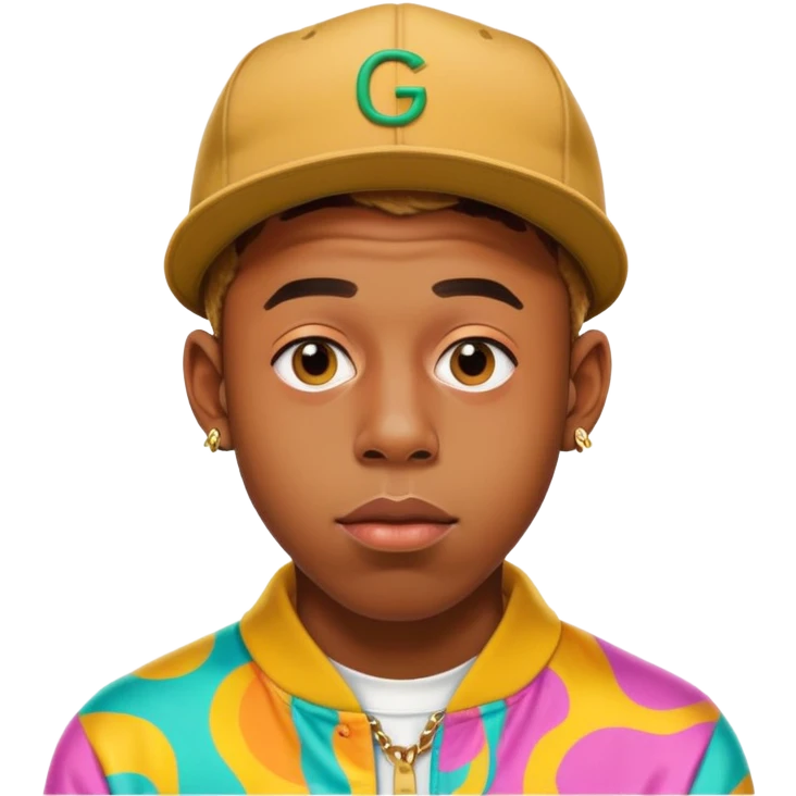 Tyler the Creator with his iconic look, wearing a colorful outfit emoji
