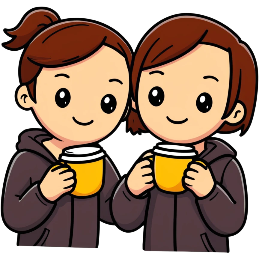 Two girls smiling, holding one coffee cup together emoji