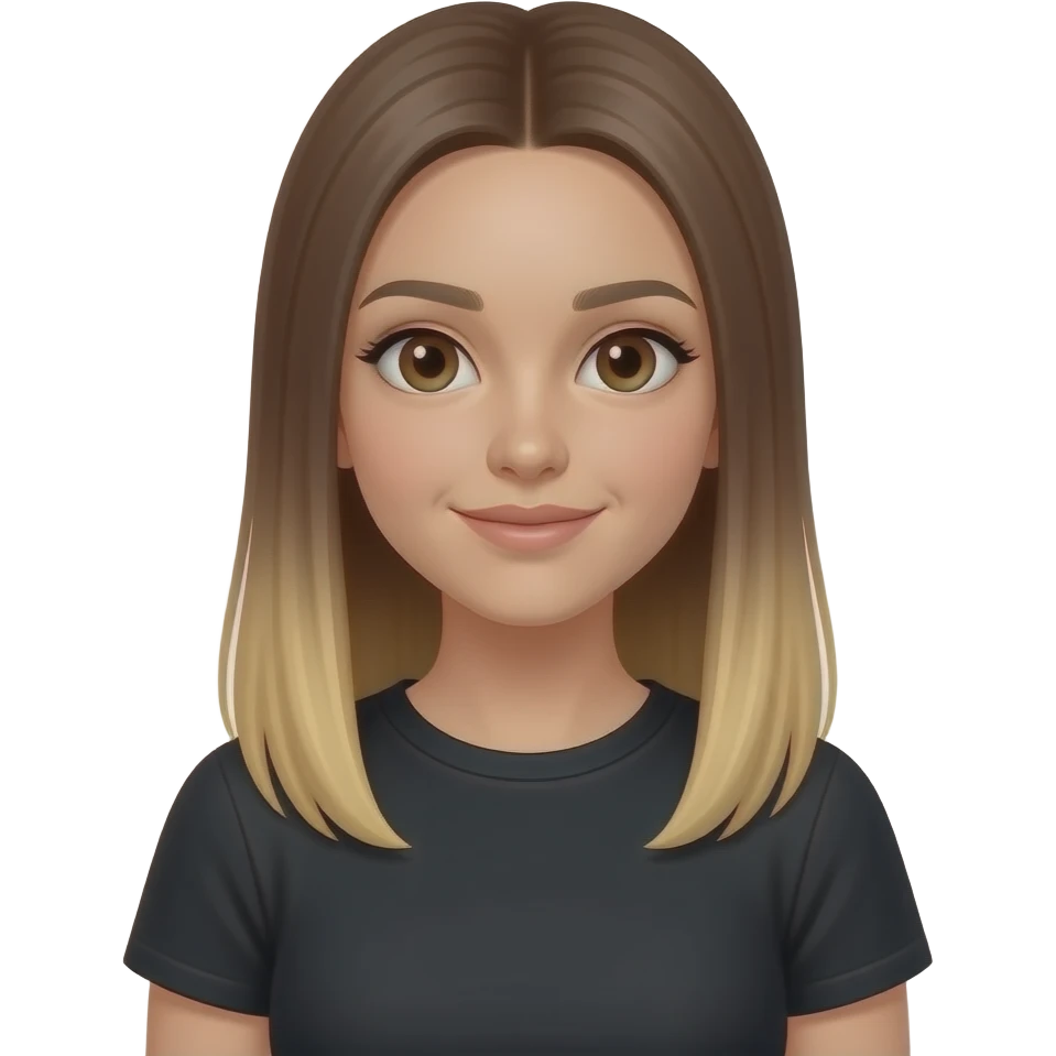 JN - teenage girl, medium suntan, straight medium brown hair fading to blonde at the tips, black crew neck t-shirt emoji