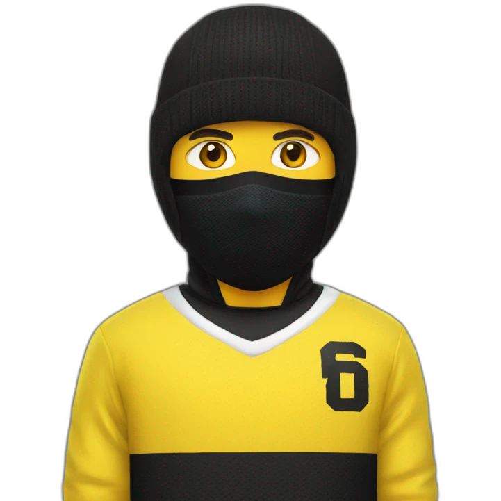 Guy wearing a yellow balaclava and a black and yellow hockey jersey emoji
