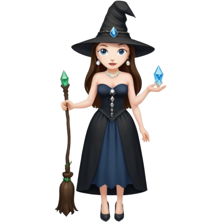 woman brunette, very large breasts, pale skin, blue eyes, long brown hair, black strapless dress, witch hat, pearl earrings, smirking, in black heels, standing, head to toe, full body, zoomed out, entire outfit visible emoji