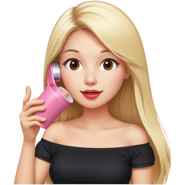 playful expression of woman with straight long blond hair, gossiping on a pink analogue phone, holding a tea cup, wearing an off-shoulder black top, red face emoji