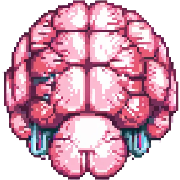 Make this pink melting brain icon more 3D with enhanced depth, shading, and highlights. Keep it fully front facing with pixel art accents. Background transparent. emoji