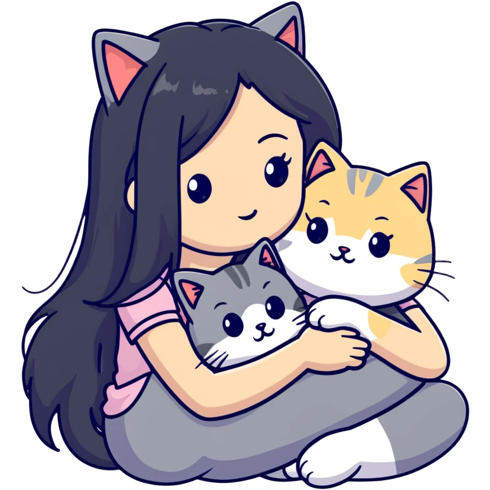 Beautiful girl with long black hair cuddling a gray and blonde cat emoji