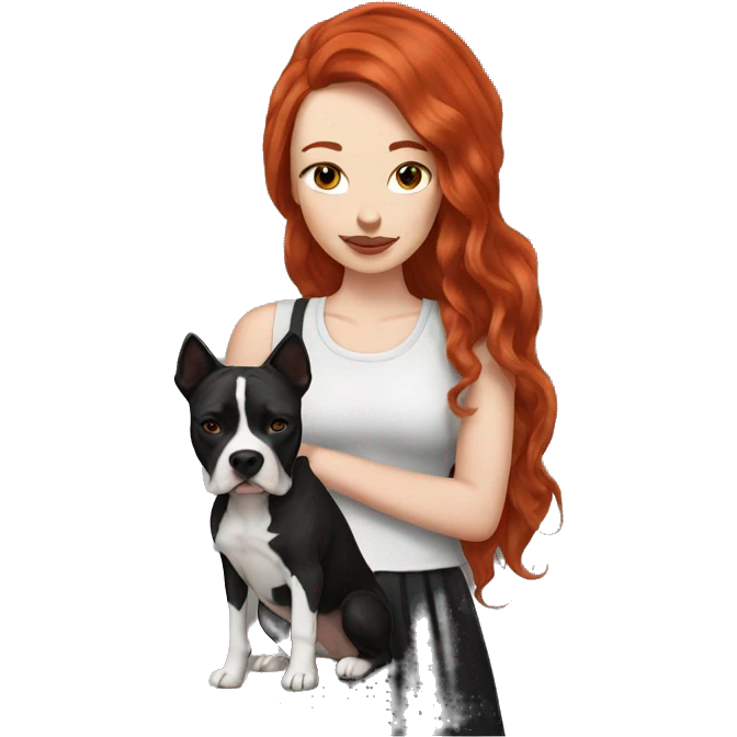 Long Red haired woman with septum piercing holding black and white English Staffordshire dog emoji