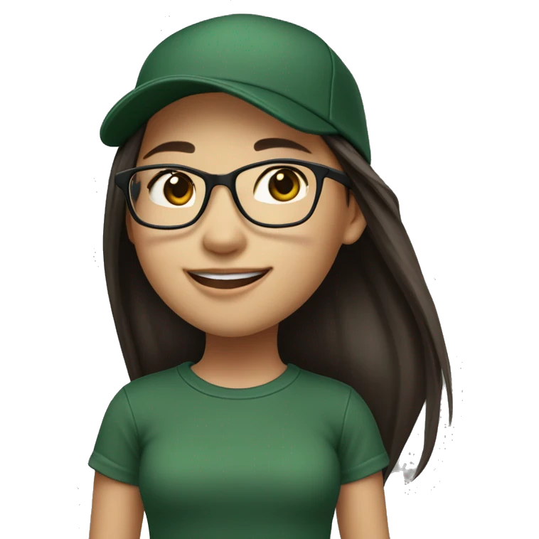 Hyper realistic, look from side, asian girl, light white skin, smiling with teeth, black eyes, spotted frame glasses, long brown straight hair with highlighted strands, black T-shirt, dark green cap. emoji