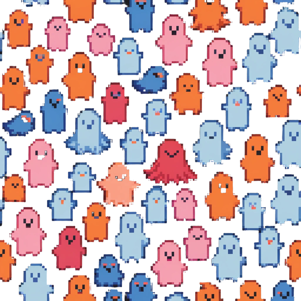 The four classic Pacman ghosts (red, pink, blue, and orange) lined up together emoji