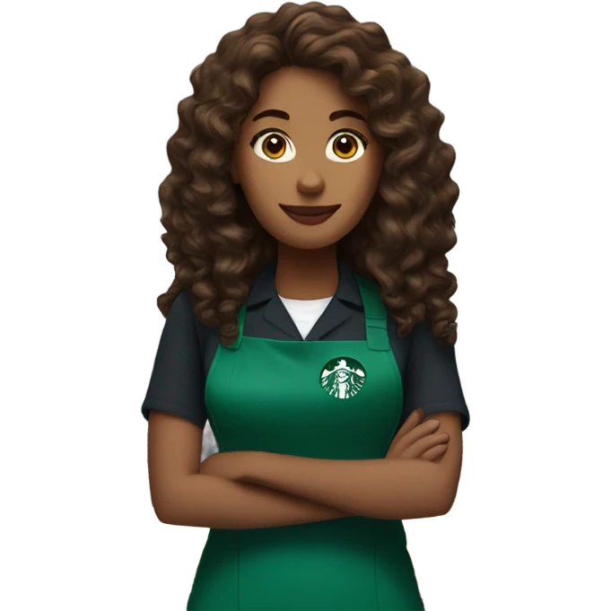 white female starbucks barista with long curly brown hair and blue eyes emoji
