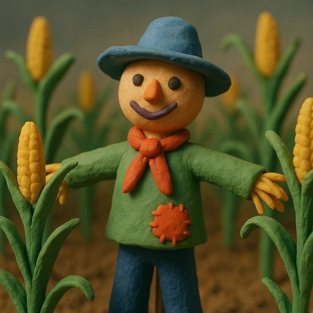 corn field with a colorful and whimsical scarecrow, soft lighting, claymation style emoji