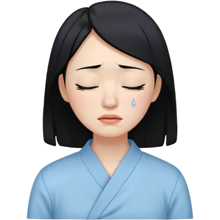 A crying East Asian woman with black hair, wearing light blue clothing. Her skin appears dry, closing her eyes and crying emoji